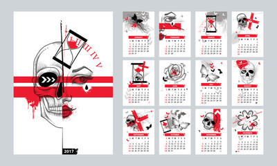 Vector calendar set for 2017 year in Trash Polka and dotwork style. Sunday start, English. Dotted skull, cross, abstract arrows, rose, butterfly, hourglass in red and black. Creative print template.