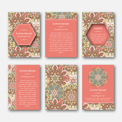 Set of cards, flyers, brochures, templates with hand drawn mandala pattern. Vintage oriental style. Indian, asian, arabic, islamic, ottoman motif. Vector illustration.