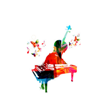 Creative music concept vector illustration, colorful piano and violoncello, music instruments with music notes. Design for poster, brochure, music concert, festival, music shop, music style template
