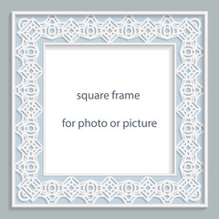 3D Vector bas-relief square frame for photo or picture, vintage vignette with openwork border,  festive pattern, gift template.