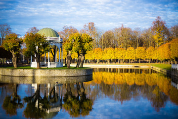 Obraz premium beautiful autumn park with little pond