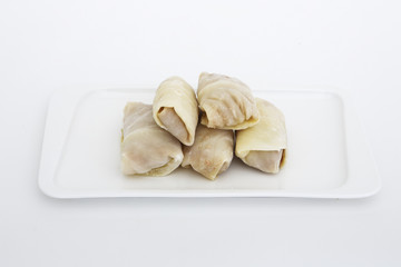 Portrait of dumplings closeup in Studio on white background, Russia