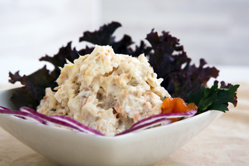 Beautiful tasty salad with lots of gradients on the table red onion greens