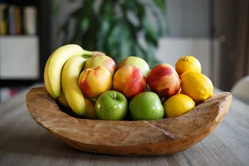 Fotobehang Houten schaal gevuld met vers fruit © robsphoto
