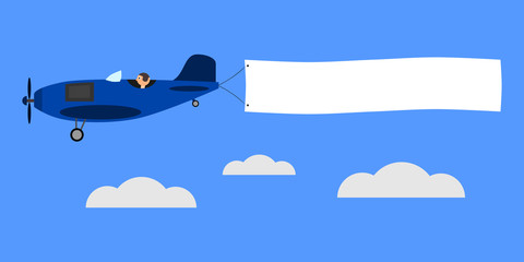 Blue airplane with banner for text. Vintage plane with pilot is flying above clouds. Isolated vector illustration.
