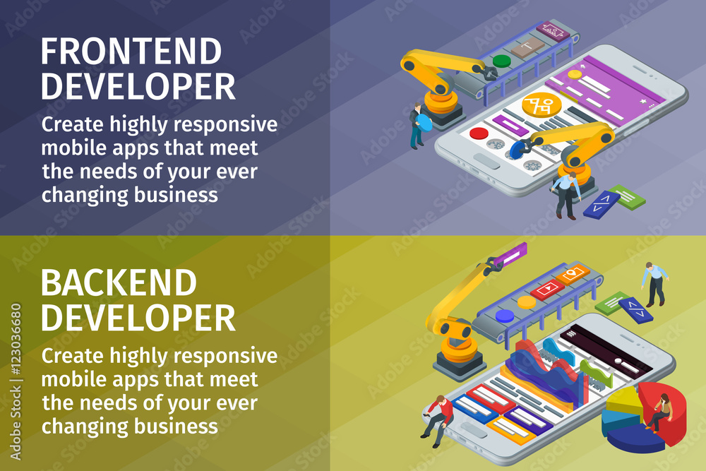 Poster developing mobile applications flat 3d isometric style. horizont