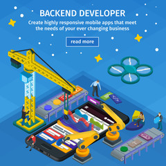 Developing mobile applications flat 3d isometric style. Backend