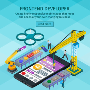 Developing mobile applications flat 3d isometric style. Frontend