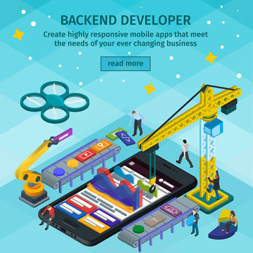 Developing mobile applications flat 3d isometric style. Backend