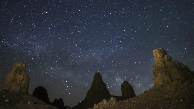 Astrophotography time lapse of milky way galaxy rising over Trona Pinnacles in California -Long Shot-