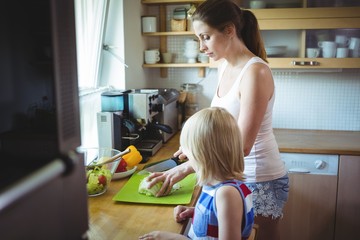Mother and daughter chopping vegetable in the kitchen