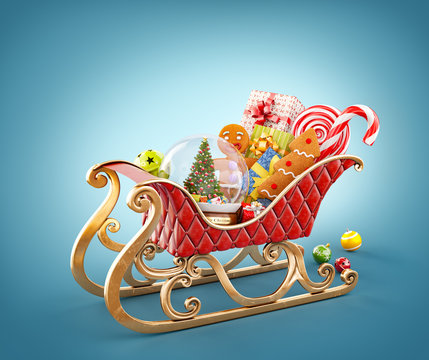 Unusual 3D illustration of red christmas sleigh