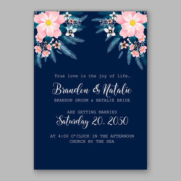Wedding invitation template with watercolor winter flower christmas wreath fir, pine branch