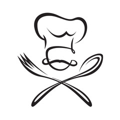 black illustration of spoon, fork and chef