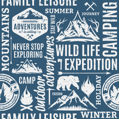 Typographic vector mountain and outdoor adventures pattern