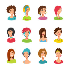 Collection of teenager girls avatars, young ladyes, women.