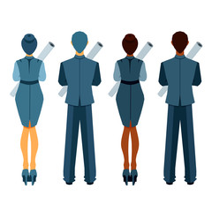 Businesswomen and businessmen from behind with roll of paper.