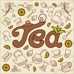 Composition about tea with lettering and icons.