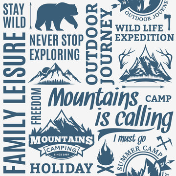 Typographic vector mountain and outdoor adventures pattern