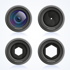 Shutter apertures, camera objective set, lens, vector illustration