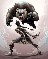 Obraz premium Battle scene between an elf and an angry bear