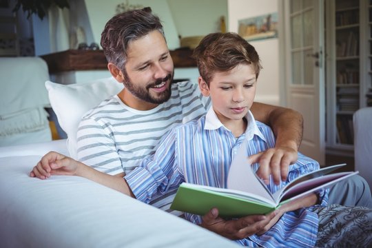 Father and son looking at photo album in living room 