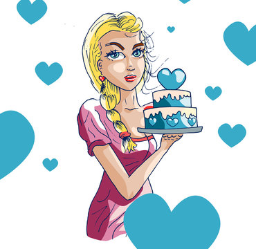 Vrouw met blauwe taart