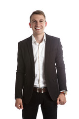 Portrait of handsome young man in a suit jacket in Studio on white isolated background