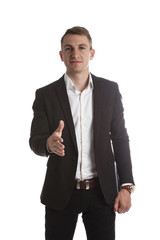 Portrait of handsome young man in a suit jacket in Studio on white isolated background