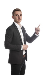 Portrait of handsome young man in a suit jacket in Studio on white isolated background