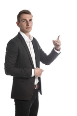 Portrait of handsome young man in a suit jacket in Studio on white isolated background