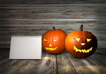 Halloween pumpkin with copy space. Jack lantern with candle light inside on wooden background. 3d illustration