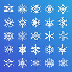 Cute snowflake collection on blue background. Flat snow icons, snow flakes silhouette. Nice element for christmas banner, cards. New year ornament. Organic and geometric snowflakes set