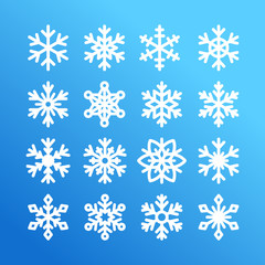 Cute snowflake collection isolated on blue background. Flat snow icons, snow flakes silhouette. Nice element for christmas banner, cards. New year ornament. Organic and geometric snowflakes set.