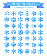 Cute snowflake collection isolated on white background. Flat snow icons, snow flakes silhouette. Nice element for christmas banner, cards. New year ornament. Organic and geometric snowflakes set.