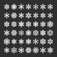 Cute snowflake collection isolated on black background. Flat snow icons, snow flakes silhouette. Nice element for christmas banner, cards. New year ornament. Organic and geometric snowflakes set.
