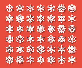Cute snowflake collection isolated on red background. Flat snow icons, snow flakes silhouette. Nice element for christmas banner, cards. New year ornament. Organic and geometric snowflakes set. 