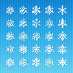 Cute snowflake collection isolated on blue background. Flat snow icons, snow flakes silhouette. Nice element for christmas banner, cards. New year ornament. Organic and geometric snowflakes set.