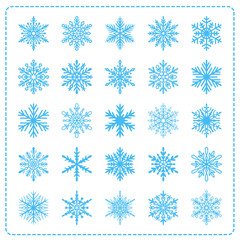 Fototapeta na wymiar Cute snowflake collection isolated on blue background. Flat snow icons, snow flakes silhouette. Nice element for christmas banner, cards. New year ornament. Organic and geometric snowflakes set.