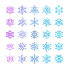 Cute snowflake collection isolated on white background. Flat snow icons, snow flakes silhouette. Nice element for christmas banner, cards. New year ornament. Organic and geometric snowflakes set.