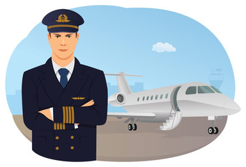 Confident pilot standing in front of private jet on runway. Ready to fly.