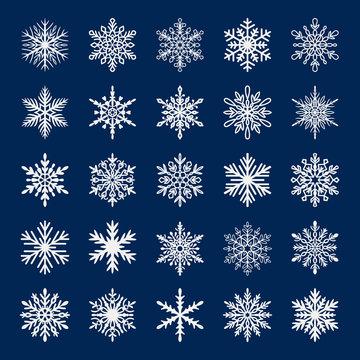 Cute snowflake collection isolated on blue background. Flat snow icons, snow flakes silhouette. Nice snowflakes for christmas banner, cards. New year snowflake. Organic and geometric snowflakes set.