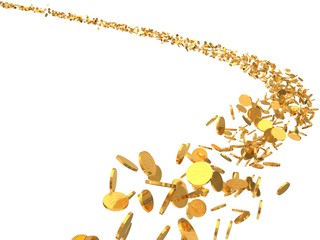 3d illustration of flying golden coins flock.