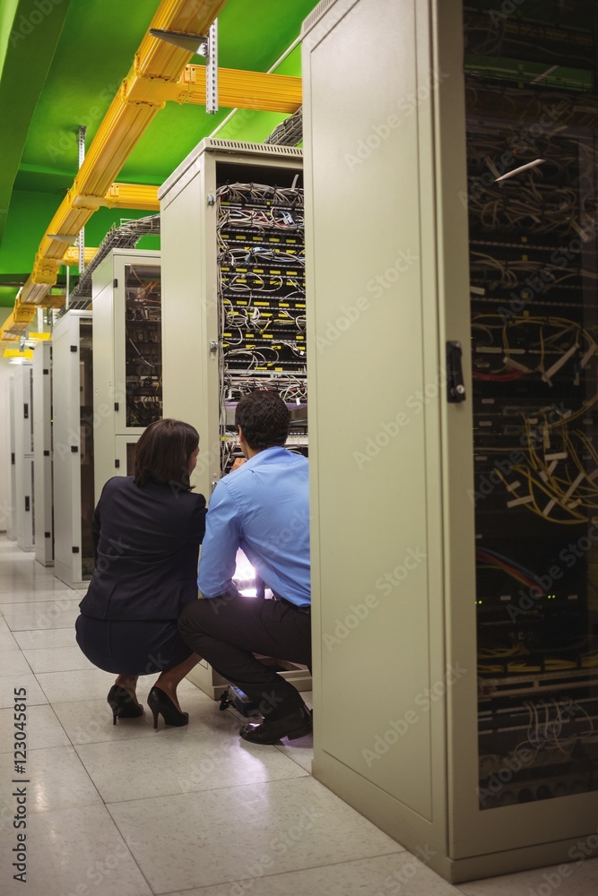 Poster technicians analyzing server