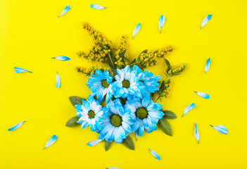 Fototapeta na wymiar The composition of blue flowers, sprigs of yellow flowers and green leaves. Blue petals on a yellow background. Top view. Flat lay. Close up.