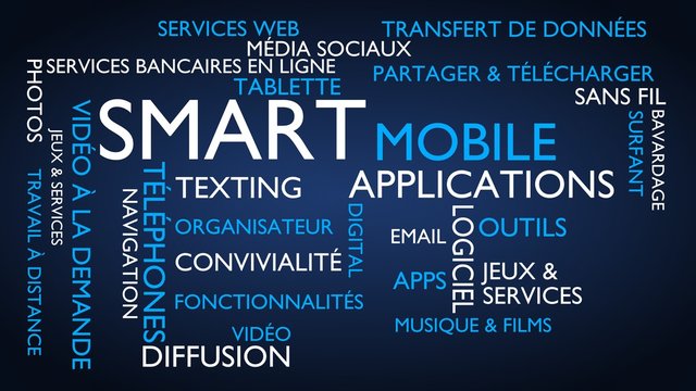 Smart, mobile, applications word tag cloud, blue, French variant