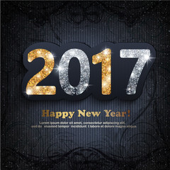 The gold and silver glitter New Year 2017 text  in modern style on a magic dark background 
