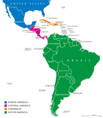 Obraz premium Latin America regions political map. The subregions Caribbean, North, Central and South America in different colors, with national borders and English country names. Illustration on white background.