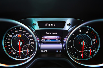 Modern car speedometer. Close up shot of the dashboard