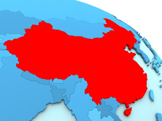 China in red on blue globe